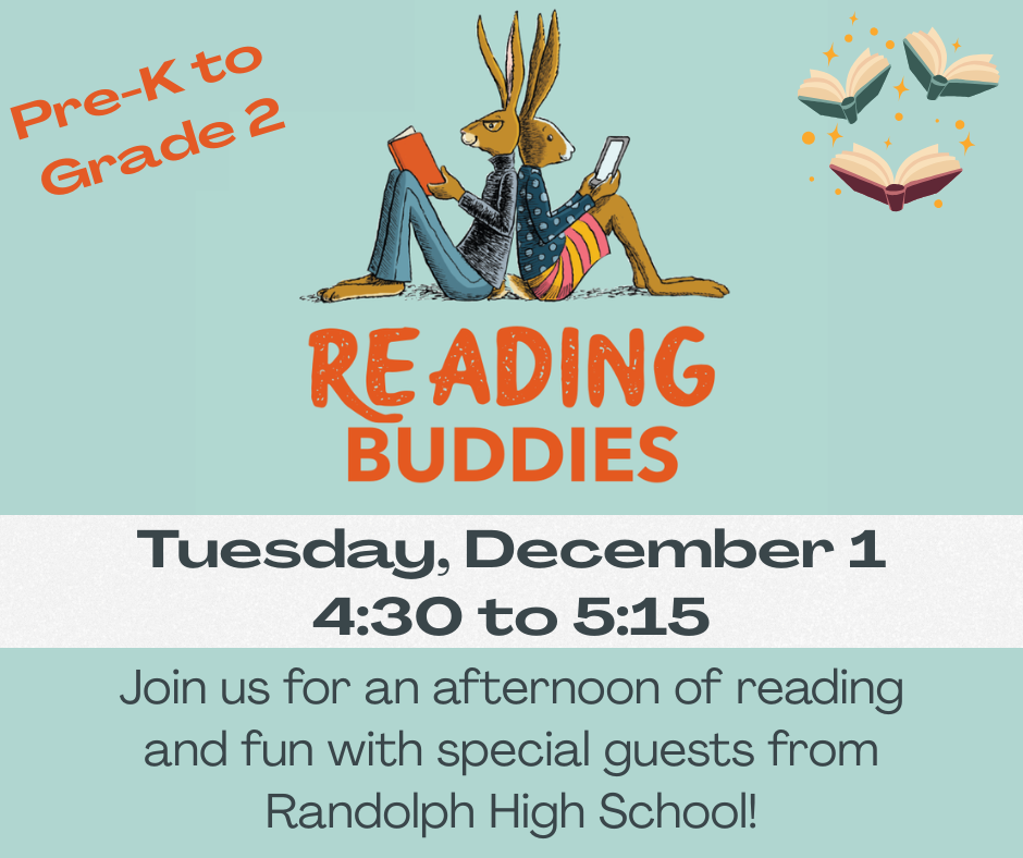 Reading buddies event for Pre-K to Grade 2 on December 1