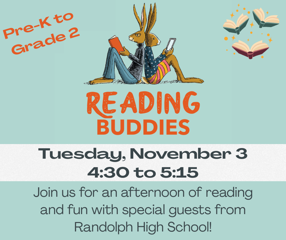 Reading Buddies (Facebook Post) Reading buddies event for Pre-K to Grade 2 on November 3